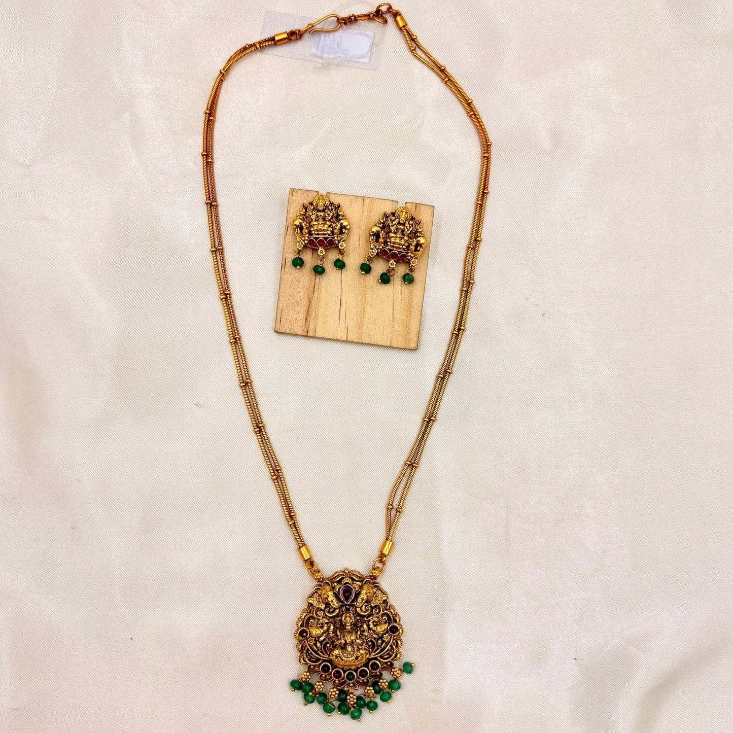Antique Gold Lakshmi Temple Necklace Set with Green Bead Drops