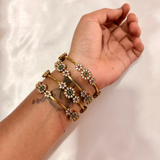Floral CZ Openable Kada Bangles (Set of 4) – Green Stone Traditional Design