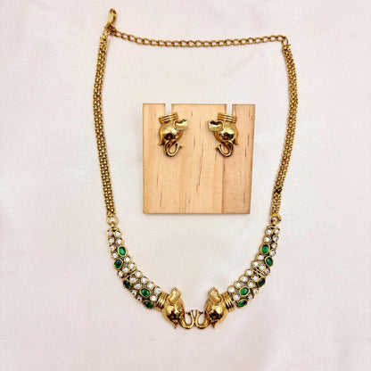 Elephant Motif Necklace Set with Green Stones – Gold Finish