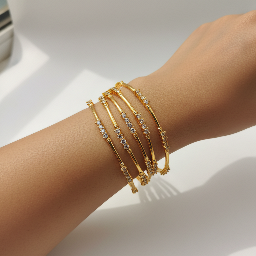 Elegant Slim Gold Bangles with CZ Stones – Minimal Designer Bangle Set (Set of 4)