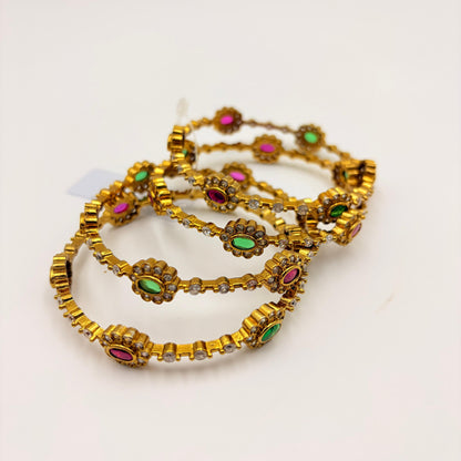 Dual-Tone Floral Stone Bangles – Ruby & Emerald Edition