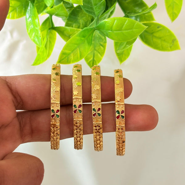 Gold Finish Floral Motif Bangles with Red & Green Stones | Traditional Design (Set of 4)