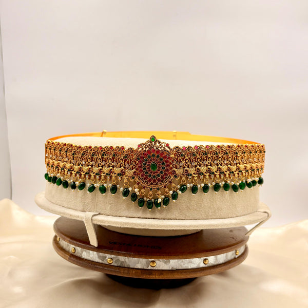 Gold-Plated Temple Design Vaddanam | Red & Green Stone Hip Belt | Bridal Waist Belt