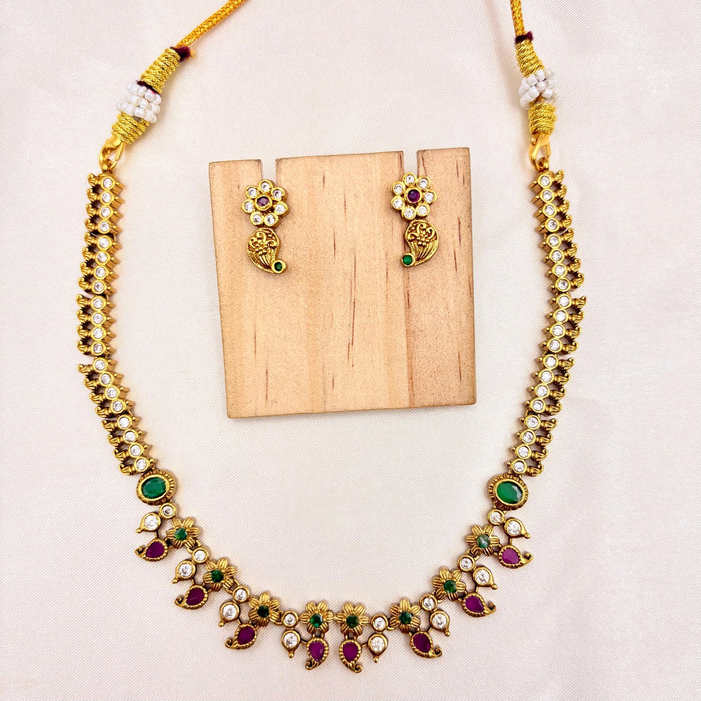 Antique Gold Finish Floral Necklace Set with Green & Pink Stones