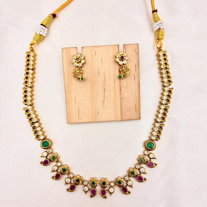 Antique Gold Finish Floral Necklace Set with Green & Pink Stones