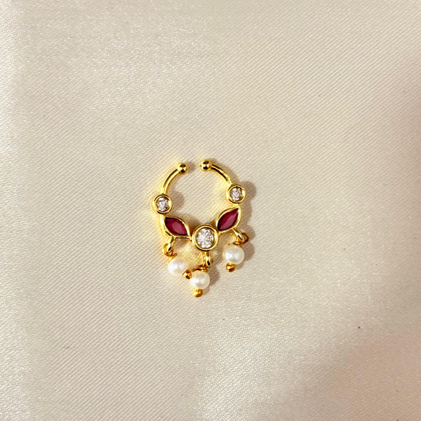 Gold Finish White & Red Stone Nose Pin with Pearl Drops