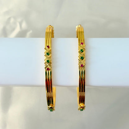 Gold Finish Geometric Stone Bangles with Ruby & Green Accents – Elegant Daily Wear Bangles