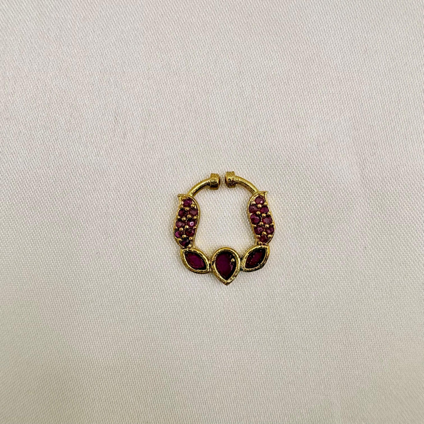 Traditional Ruby Stone Nose Pin | Non-Piercing Nath | Gold-Finish Adjustable Nose Ring
