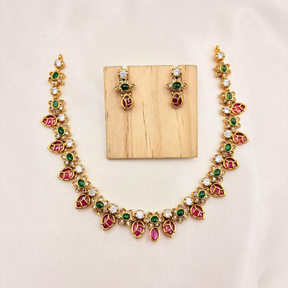 Traditional Pink & Green Kemp Stone Necklace Set – Gold Finish Jewellery