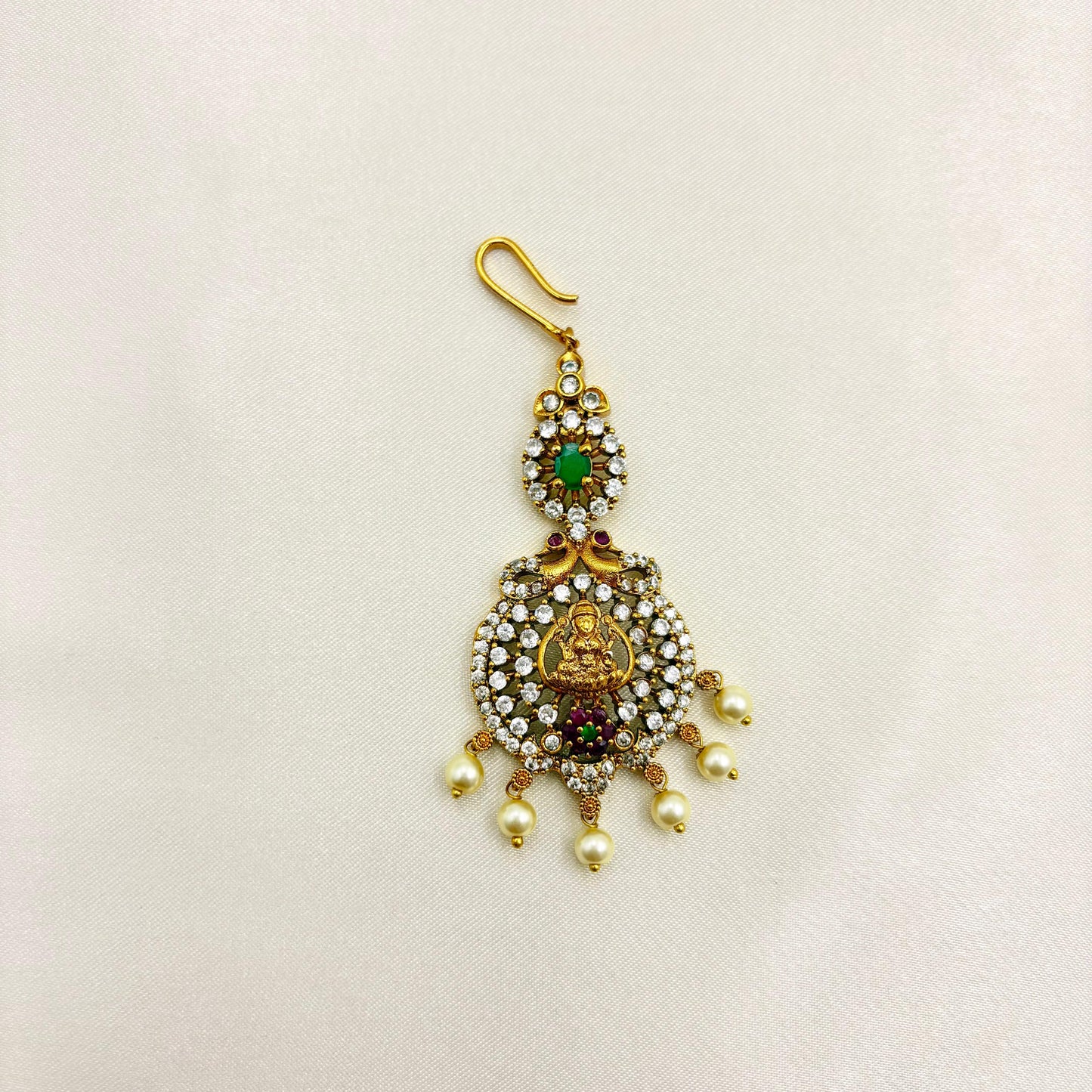 Lakshmi CZ Stone Maang Tikka with Emerald Stone & Pearl Drops – Antique Gold Bridal Headpiece