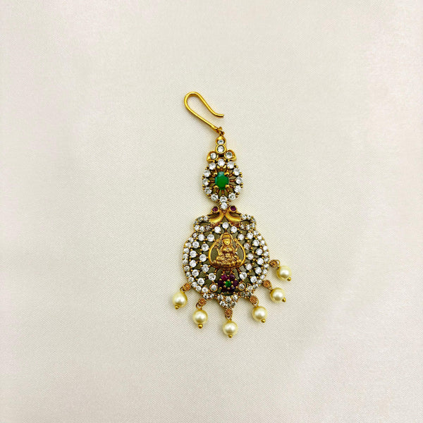 Lakshmi CZ Stone Maang Tikka with Emerald Stone & Pearl Drops – Antique Gold Bridal Headpiece