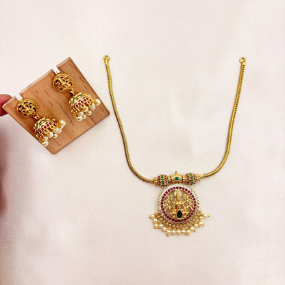 Lakshmi Temple Pendant Necklace Set with Jhumka Earrings – Traditional Gold Finish Jewellery