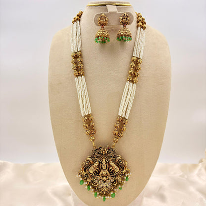 Antique Temple Haaram with Pearl Multi-Strand Mala & Lakshmi Pendant | Green Bead Jhumka Set