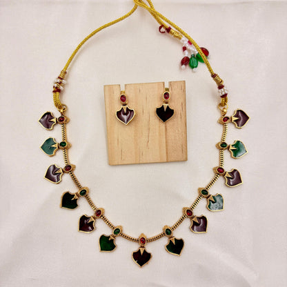 Antique Multi-Color Enamel Heart Motif Necklace Set | Traditional Temple Style Jewellery