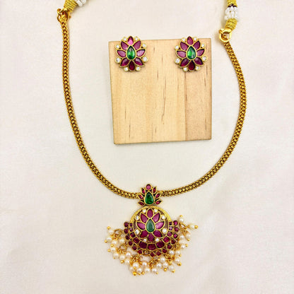 Gold Finish Ruby-Green Kundan Pendant Necklace Set with Pearl Drops