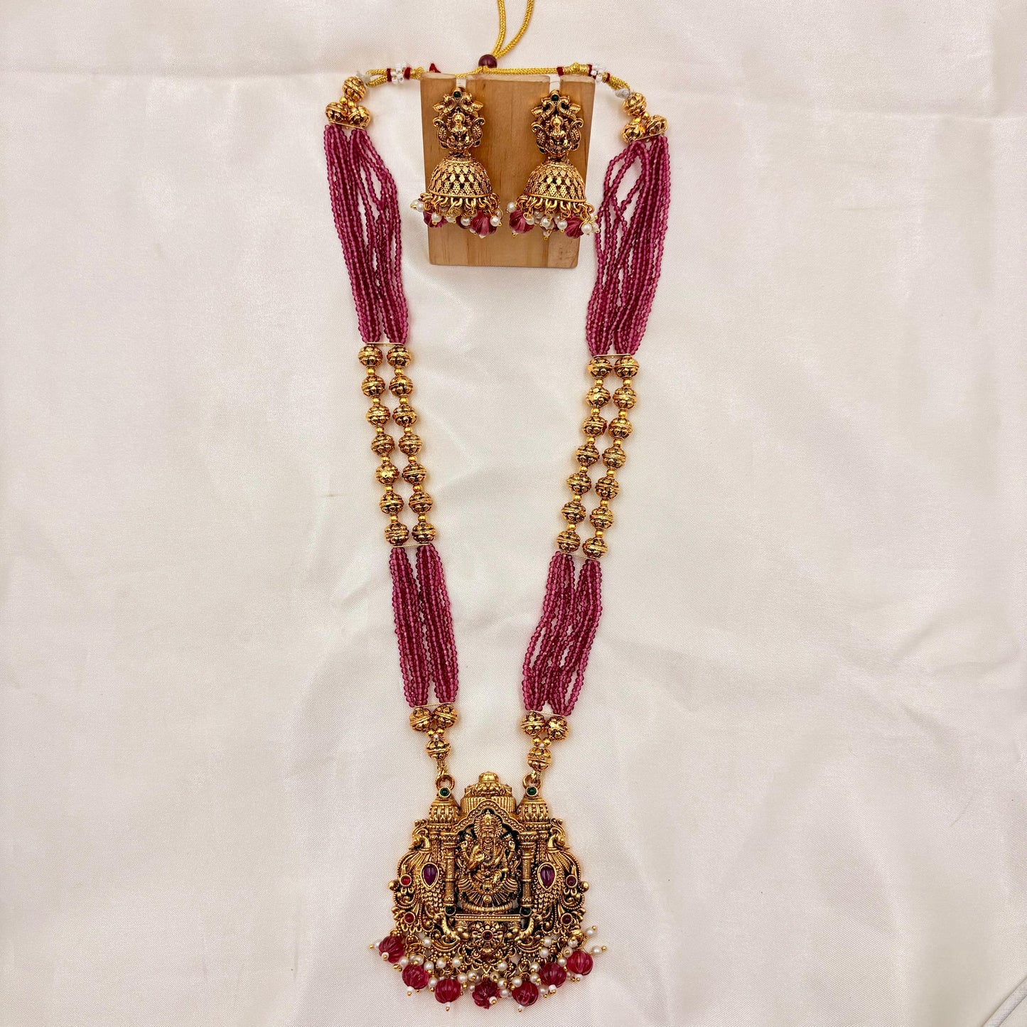 Pink Beads Temple Haaram with Lakshmi Pendant & Jhumka Earrings | Antique Gold Finish