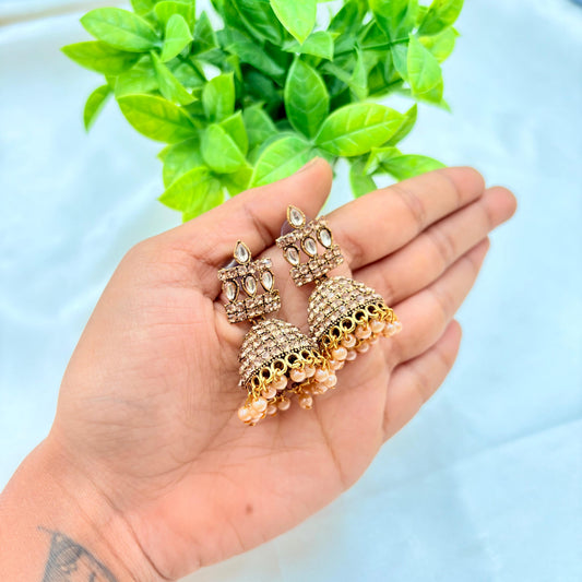 Rose Gold Kundan Jhumka Earrings with Peach Pearl Drops