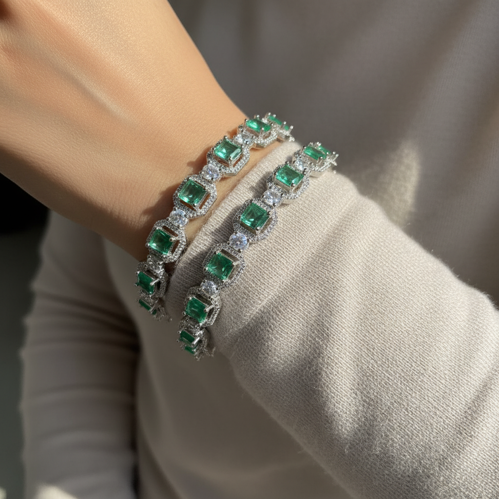 Silver-Plated Mint Green Stone Bangles with CZ Diamonds – Elegant Partywear Bangle Set (Set of 2)