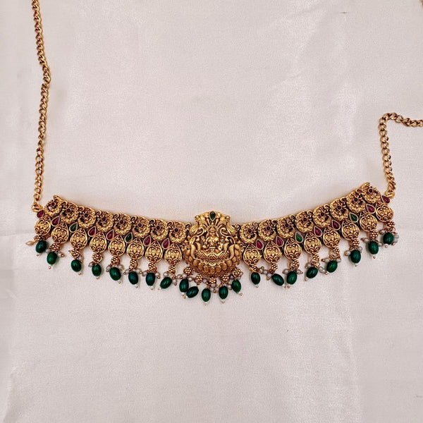 Gold-Plated Temple Lakshmi Hip Belt (Ottiyanam) with Green Bead Drops