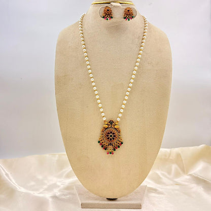 Antique Gold Pearl Long Necklace Set with Pendant & Matching Earrings