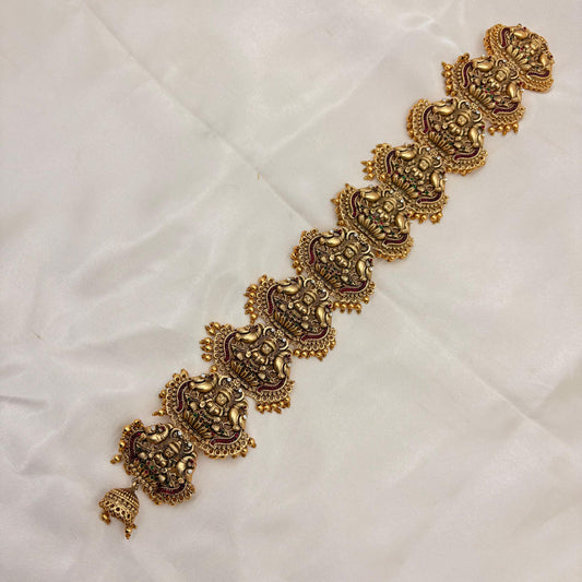 Premium Antique Temple Jada Billa – Lakshmi Design with Kemp Stones & Pearl Drops