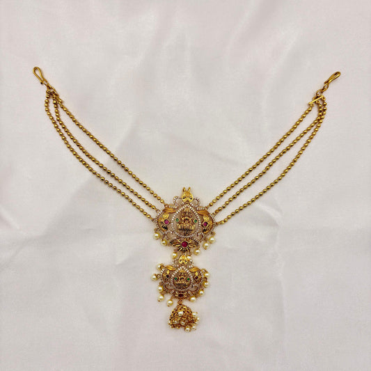 Antique Temple Bridal Hair Accessory with Dual Lakshmi Pendants, Kemp Stones & Pearl Drops