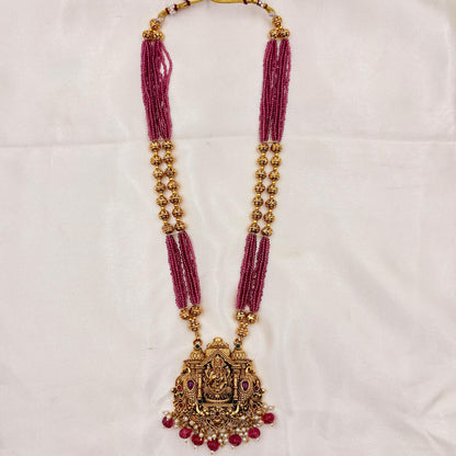 Pink Beads Temple Haaram with Lakshmi Pendant & Jhumka Earrings | Antique Gold Finish