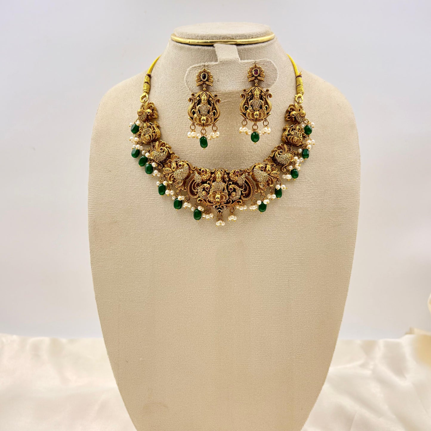 Antique Lakshmi Temple Necklace Set with Green Beads & Pearl Drops – Bridal Jewellery Set