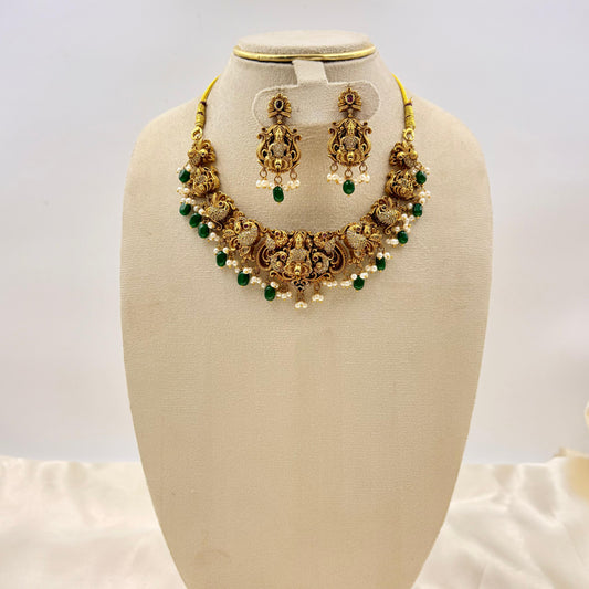 Antique Lakshmi Temple Necklace Set with Green Beads & Pearl Drops – Bridal Jewellery Set