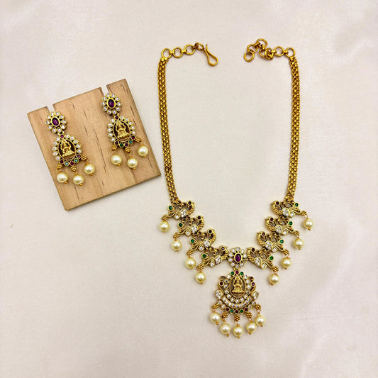 Lakshmi Temple Necklace Set with Pearl Drops – Traditional Gold Finish Jewellery
