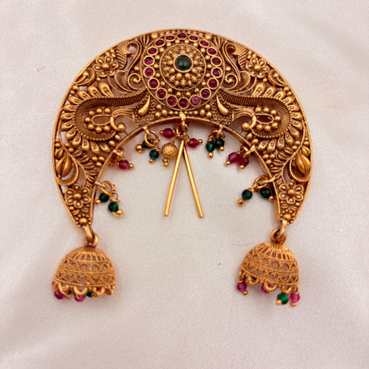 Antique Temple Crescent Jada Billa with Ruby–Green Stones & Dual Jhumka Hangings