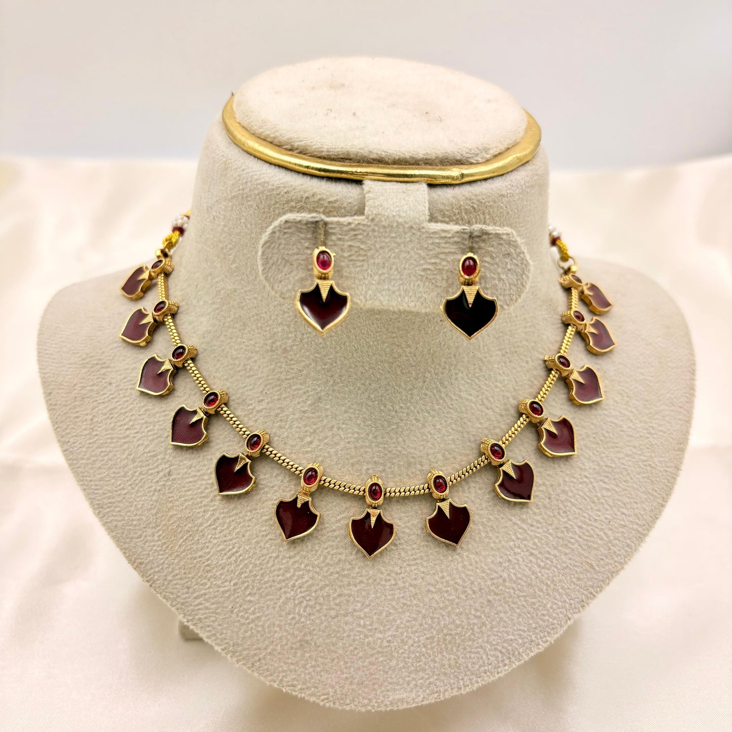 Gold-Plated Maroon Heart-Drop Necklace Set with Earrings | Traditional Enamel Jewellery