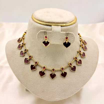 Gold-Plated Maroon Heart-Drop Necklace Set with Earrings | Traditional Enamel Jewellery