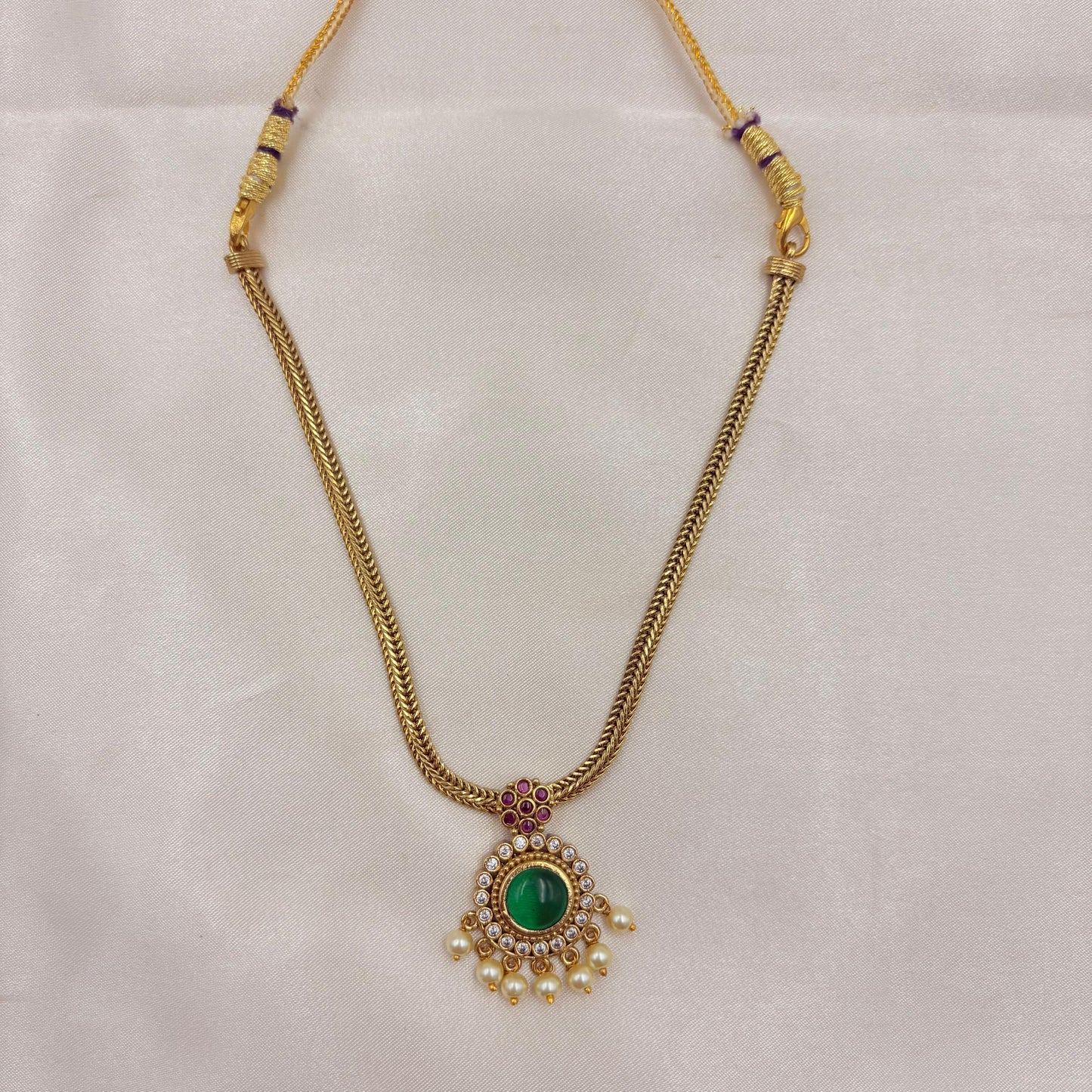 💚 Antique Green Stone Pearl Drop Necklace Set