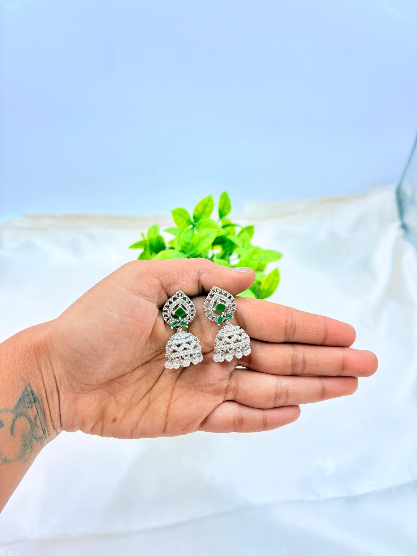 Silver Finish Green Stone Mini Jhumka Earrings