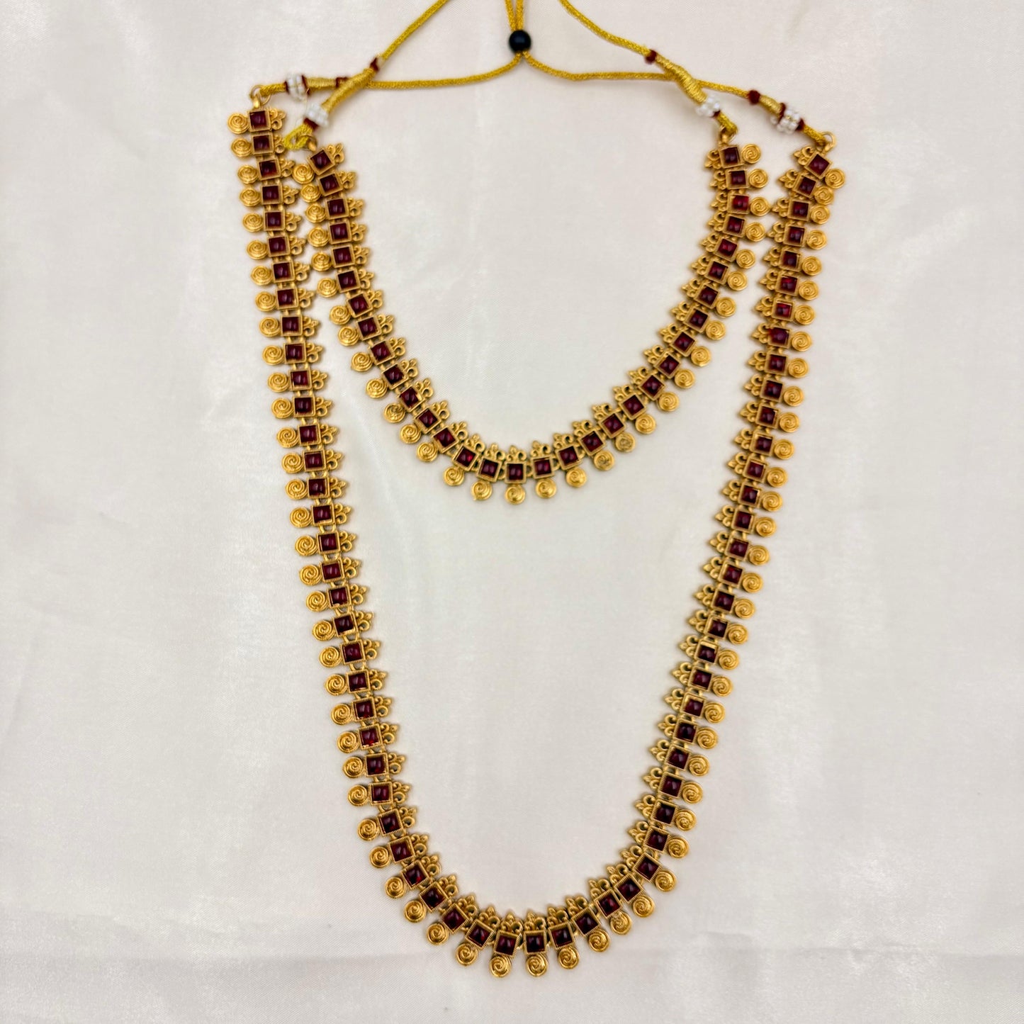 Antique Gold Ruby Stone Long Haram Necklace Set with Jhumka Earrings